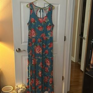 Matilda Jane long dress. Blue with red/pink flowers. Has pockets.